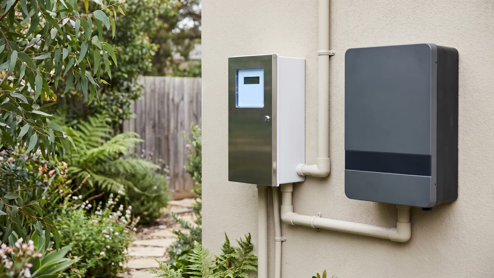 An electricity meter and solar inverter on an Australian home, measuring solar exports